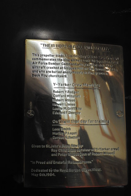 Plaque on the smashed propeller of a Short Stirling