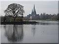 View over Stowe Pool to Lichfield Cathedral