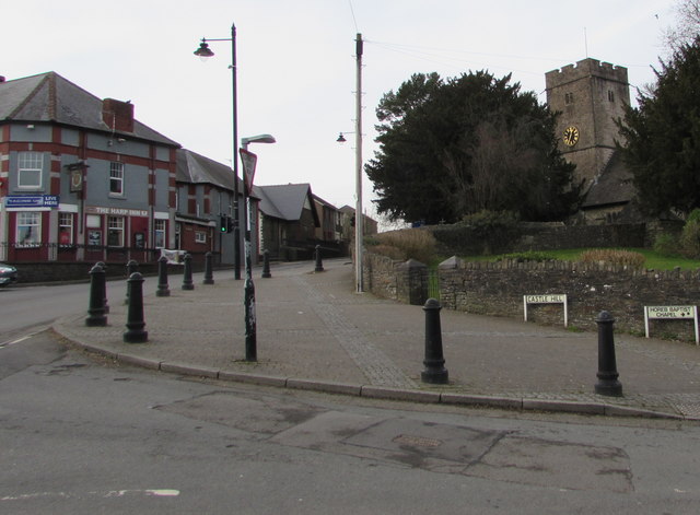 Church tower and a pub, Church Road, Gelligaer