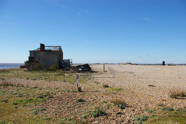 Orford Ness: looking towards the derelict military buildings from near the lighthouse