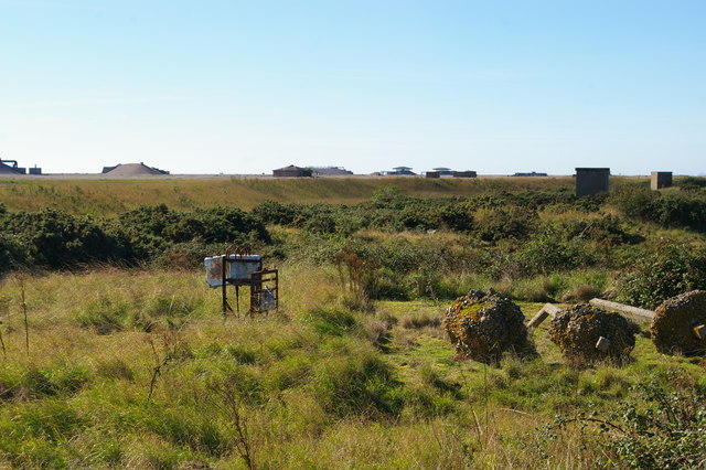 Orford Ness: view over Stony Ditch towards the pagodas