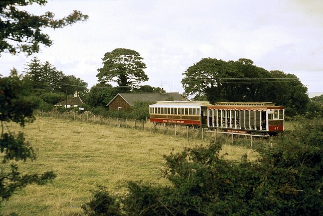 Manx Electric Railway train passing Lewaigue 1973