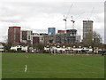 Eastfields Road and tower blocks from playing field