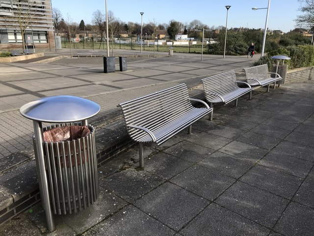 Stainless steel street furniture near the Boathouse Business Centre, Wisbech