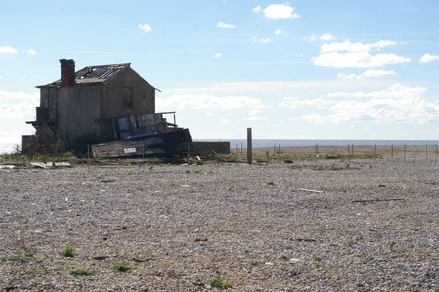 Orford Ness: derelict building near lighthouse