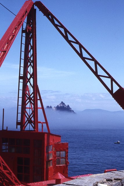 The lighthouse crane on Great Skellig with view to Little Skellig
