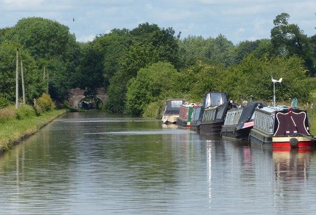 Narrowboats moored along the Shropshire Union Canal