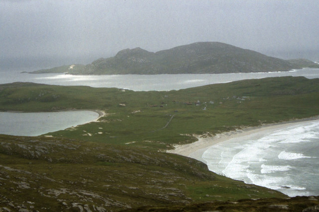 View across the southern part of Vatersay from Heiseabhal Mor in deteriorating weather