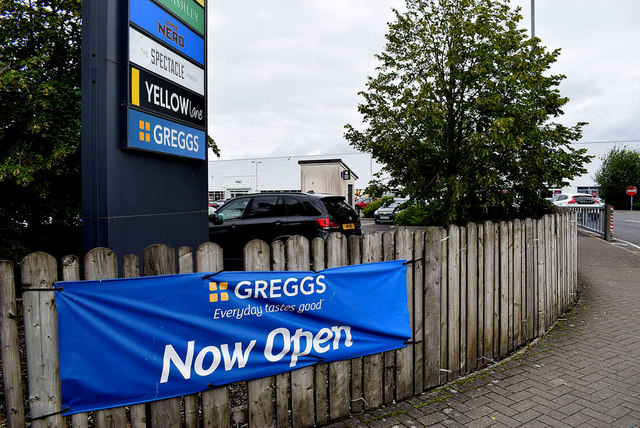 Greggs now open banner, Omagh