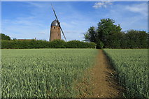 TL0468 : Upper Dean windmill and path into the village by Philip Jeffrey