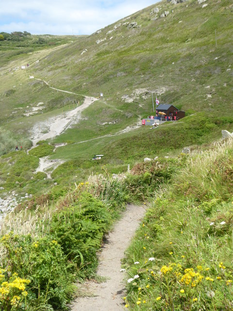 The lifeguard hut above Gwynver beach, seen from the coast path