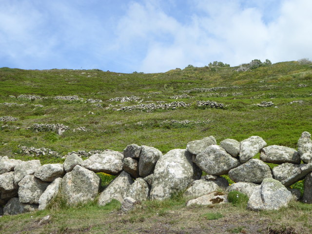 Ancient stone field boundaries at Carn Barges