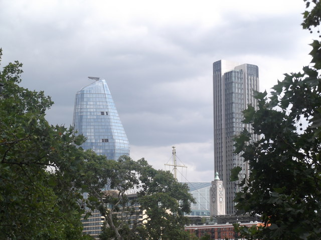 City of London towers from Victoria Embankment Gardens
