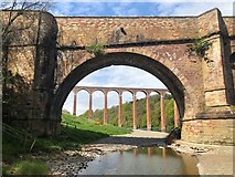 NT5734 : Drygrange Old Bridge & Leaderfoot Viaduct by David Robinson