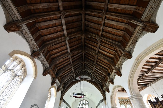Great Glemham, All Saints Church: Fine nave roof with arched braces to the ridge