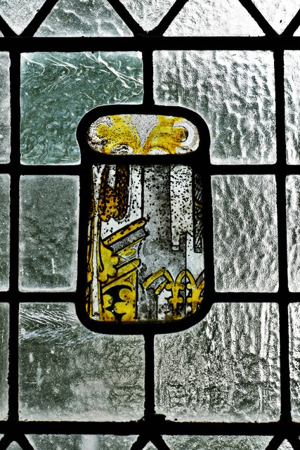 Great Glemham, All Saints Church: C15th stained glass fragment set in a window 1