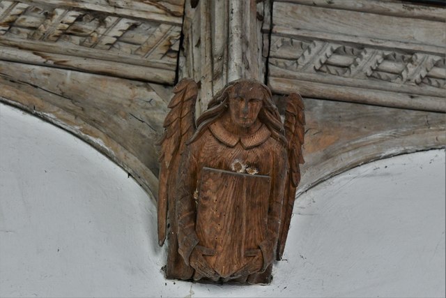 Great Glemham, All Saints Church: Replacement Victorian (1878) angels fixed to medieval roof 1