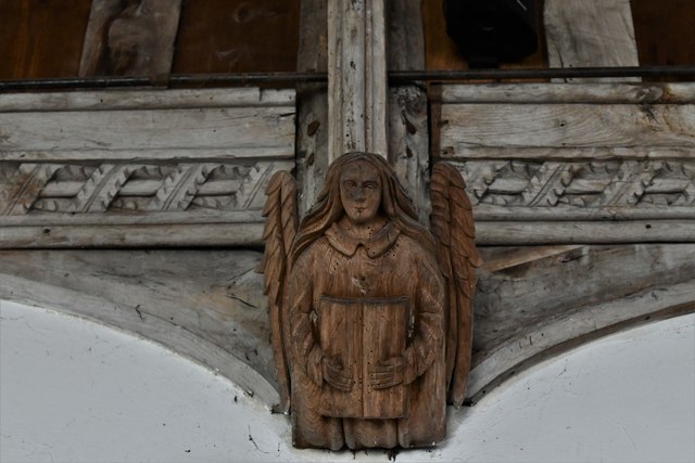 Great Glemham, All Saints Church: Replacement Victorian (1878) angels fixed to medieval roof 2