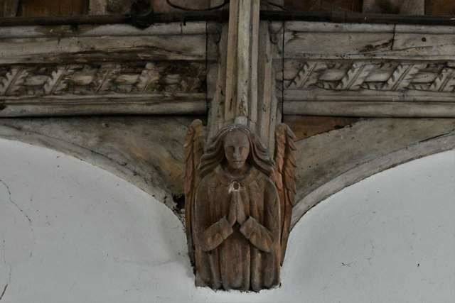 Great Glemham, All Saints Church: Replacement Victorian (1878) angels fixed to medieval roof 7