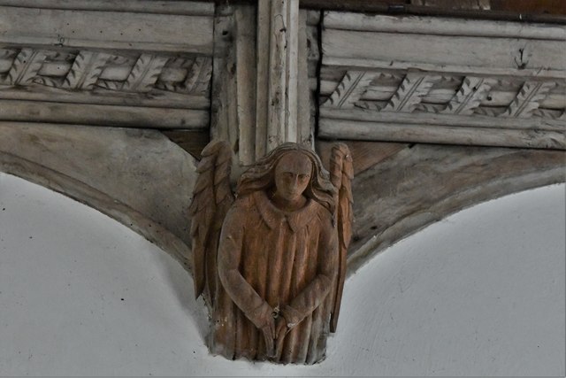 Great Glemham, All Saints Church: Replacement Victorian (1878) angels fixed to medieval roof 8