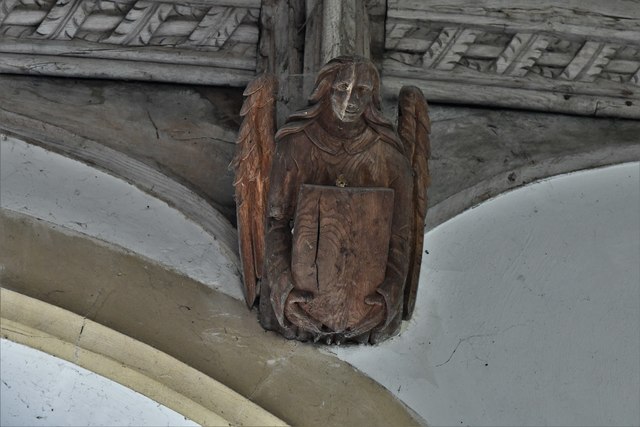 Great Glemham, All Saints Church: Replacement Victorian (1878) angels fixed to medieval roof 13