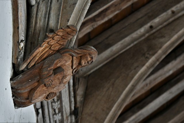 Great Glemham, All Saints Church: Replacement Victorian (1878) angels fixed to medieval roof 15