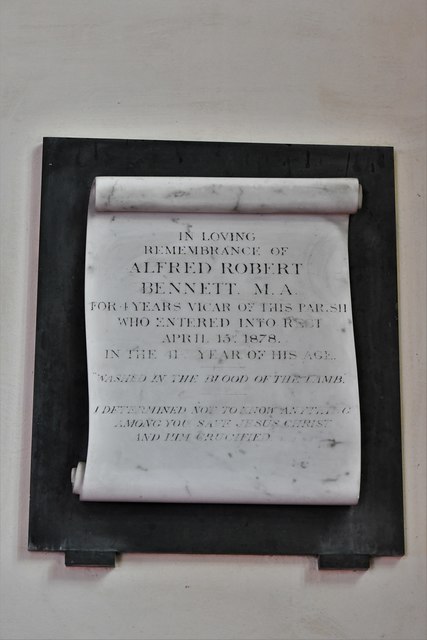 Rendham, St. Michael's Church: Memorial in marble to the Rev. Alfred Bennett on the north sanctuary wall