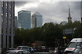 View of Canary Wharf and All Saints Church from Commercial Road