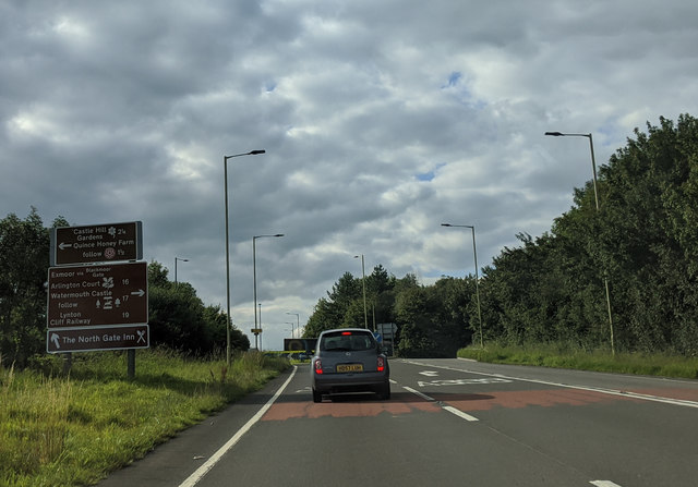 Approaching the Aller Cross roundabout on the A361, heading west
