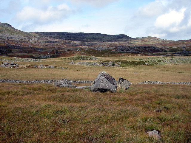 Erratics and dry-stone walls on rising ground