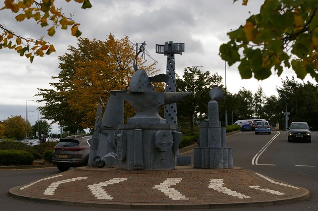 Sculpture on roundabout at Telford Forge Retail Park