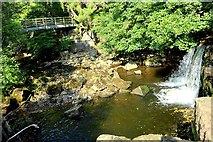NY8452 : Holms Linn - waterfall footbridge by Andrew Curtis