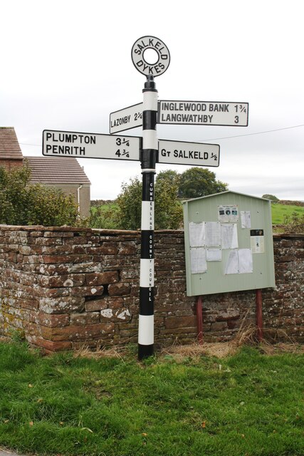 Cumberland County Council signpost and noticeboard at cross roads in Salked Dykes