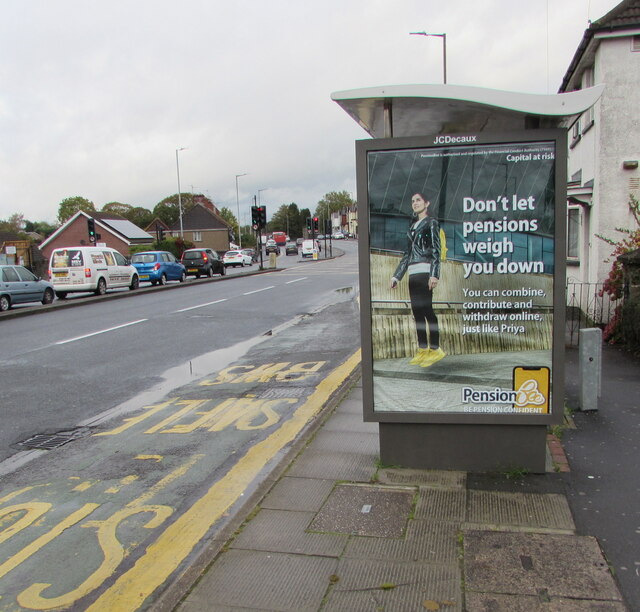 PensionBee advert on a Malpas Road bus shelter, Newport