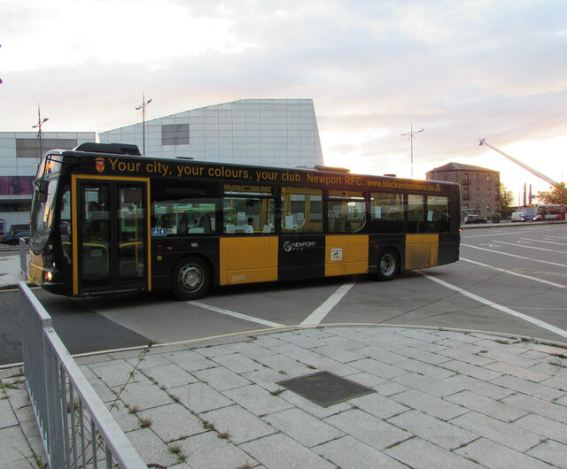 Black & amber bus leaving Friars Walk bus station, Newport