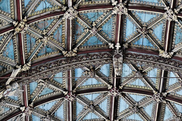 Cullompton, St. Andrew's Church: The magnificent nave wagon shaped roof (detail) 3