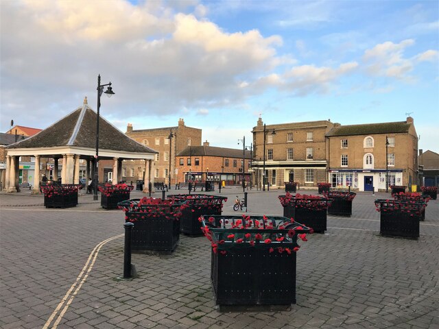 Poppies on planters in Whittlesey Market Place