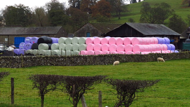 Colourful wrapped silage bales at Wye Farm, Rowsley