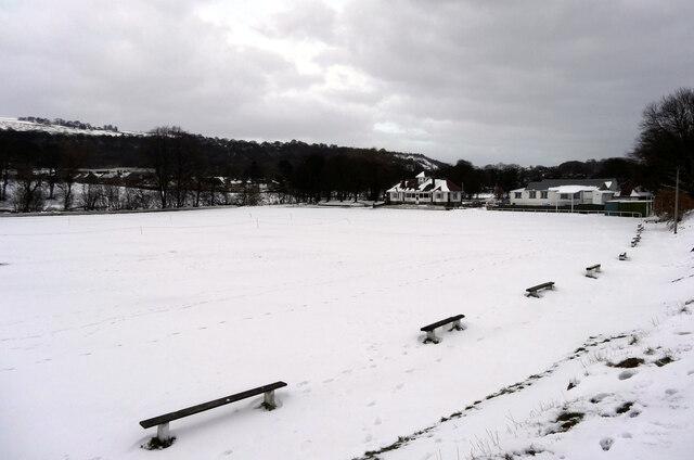 Snow-covered cricket pitch, Saltaire, Shipley