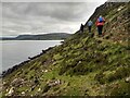NG5139 : The narrow coast path weaves between steep grass and scree by David Medcalf