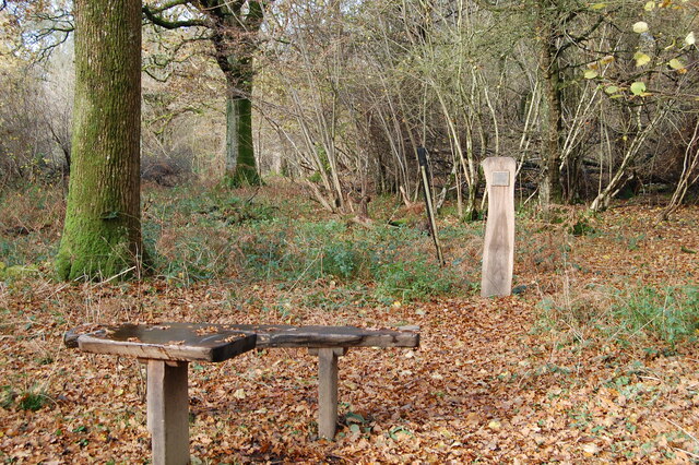 Seat and memorial post Garston Wood