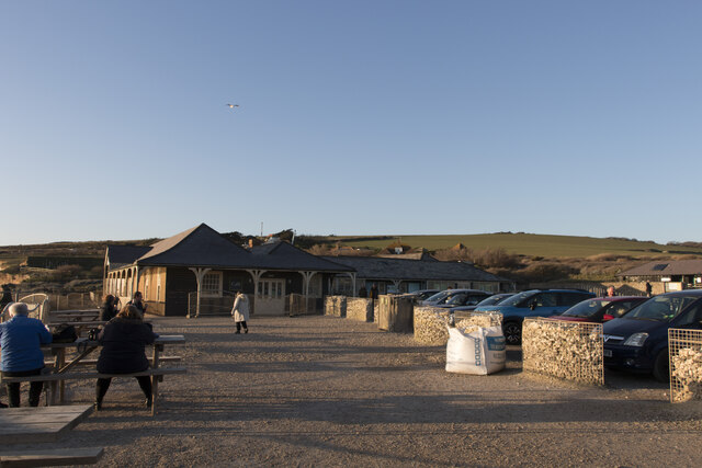 Clifftop tables and car park at Birling Gap, East Sussex