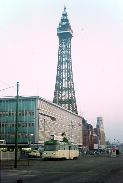 Blackpool tram passing the Tower  1973