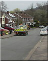 Yellow waste bag collection lorry, Larch Grove, Malpas, Newport