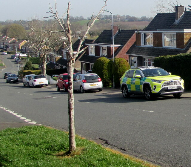 Yellow and green ambulance, Rowan Way, Malpas, Newport