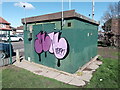 View of an electricity substation covered with graffiti in Parsloes Park
