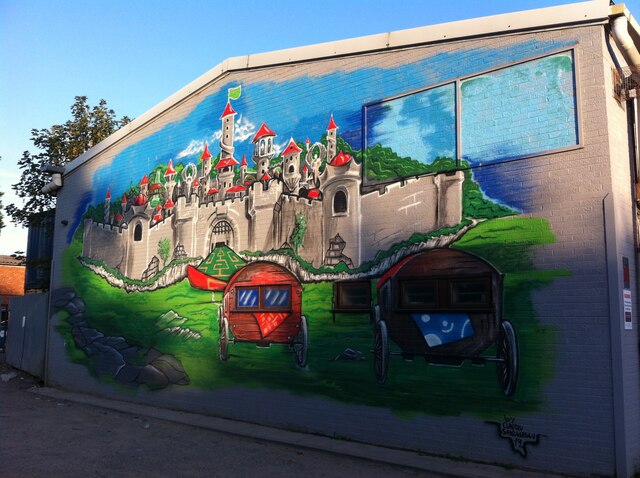 Castle mural on side wall of store, Holbrook Lane