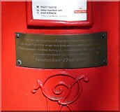 SJ8398 : VR postbox (M4 127) plaque by Gerald England
