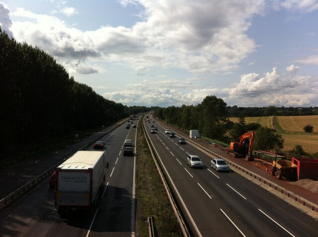M6 motorway, looking west from footbridge at Corley Moor
