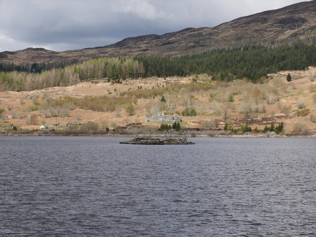 Loch Doon Castle island and the re-erected castle on the mainland